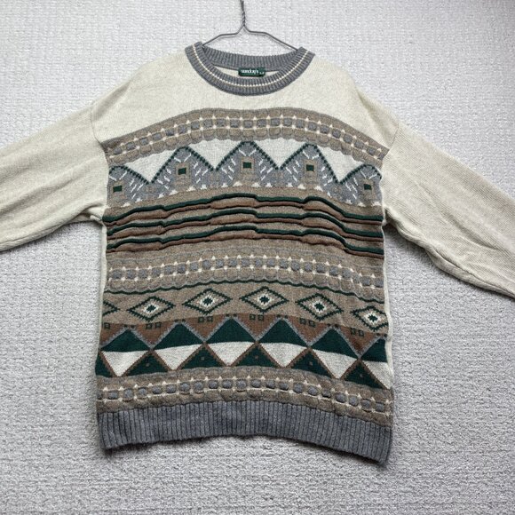 VTG Sunday's Men S Sweater Off-White / Green 3D Knit Wool Blend Canada Made - Picture 7 of 15